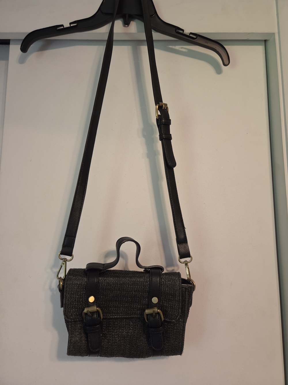Anthropologie Black Textured Crossbody Satchel with Gold Hardware